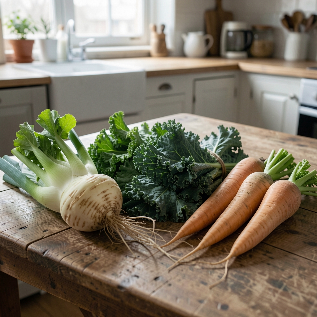 Arrangement of seasonal winter vegetables — celeriac, leeks, kale, and parsnips — laid out on a worn wooden kitchen table in diffused northern light