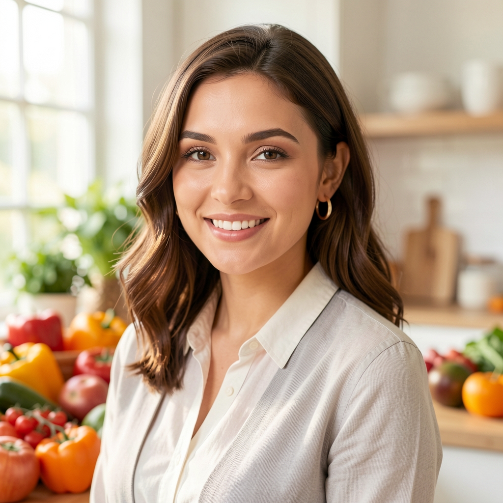 Editorial portrait of Rowena Caldwell photographed in a light-filled kitchen studio setting, surrounded by seasonal produce, warm and approachable expression