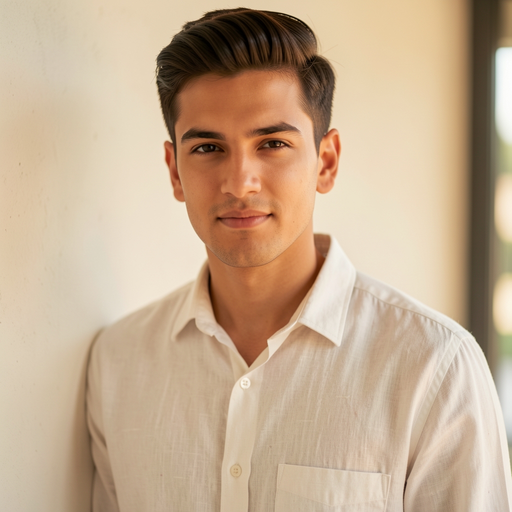 Editorial portrait of Tobias Marsden photographed against a light interior wall with warm daylight, informal but composed pose, wearing a plain linen shirt