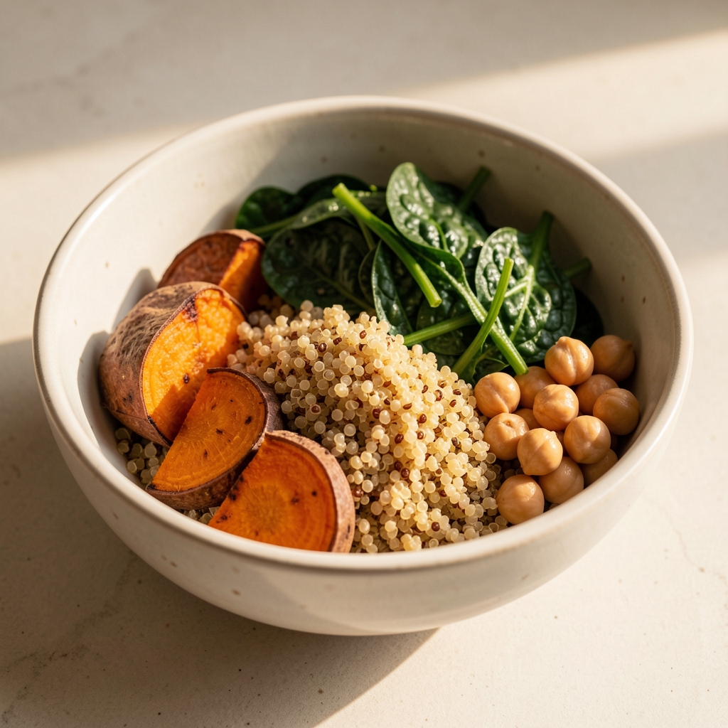 Close-up of a prepared lunch bowl with quinoa, roasted sweet potato, spinach, and chickpeas on a light ceramic surface in warm natural light