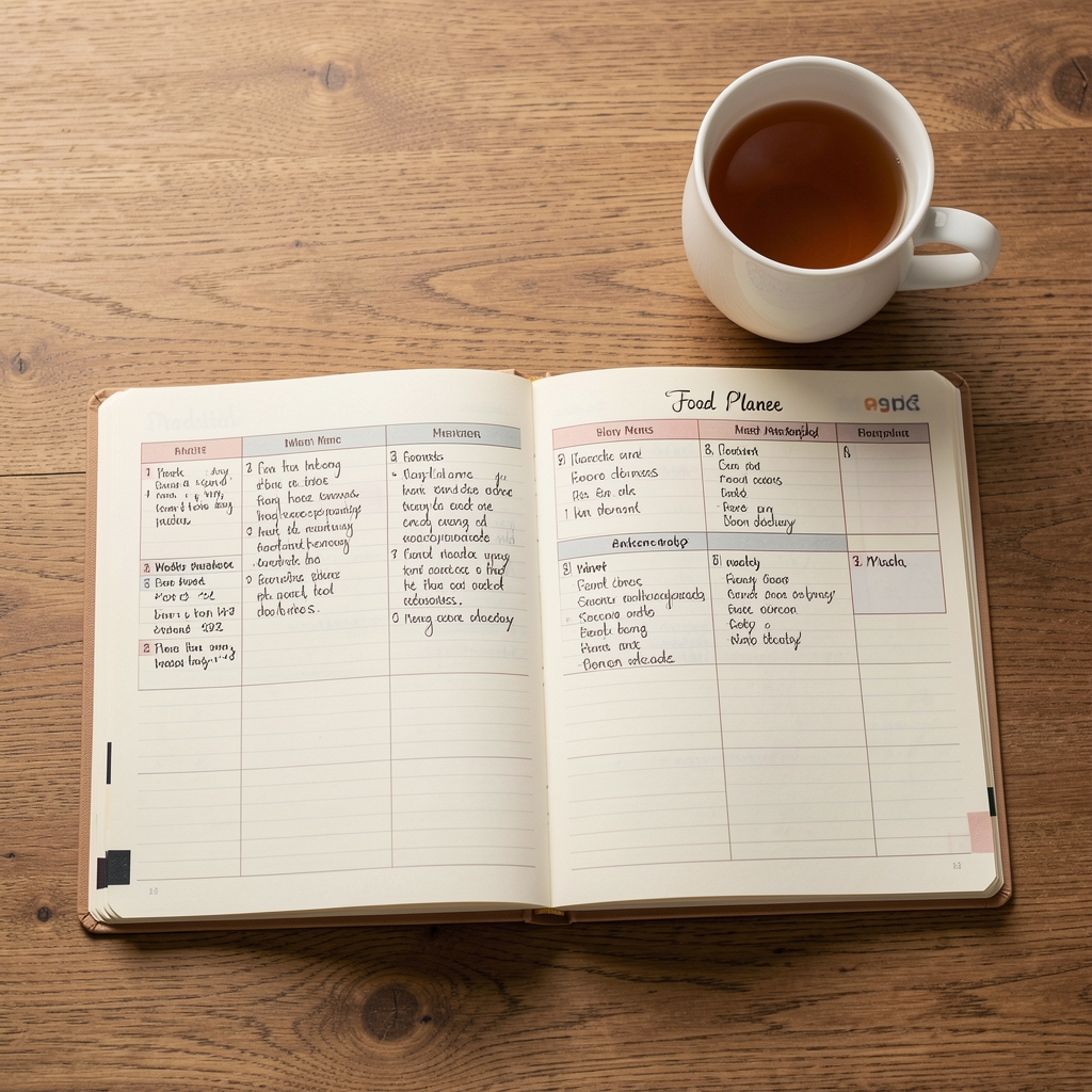 Open food journal and meal planner laid flat on a wooden desk next to a cup of morning tea, with handwritten weekly menu visible