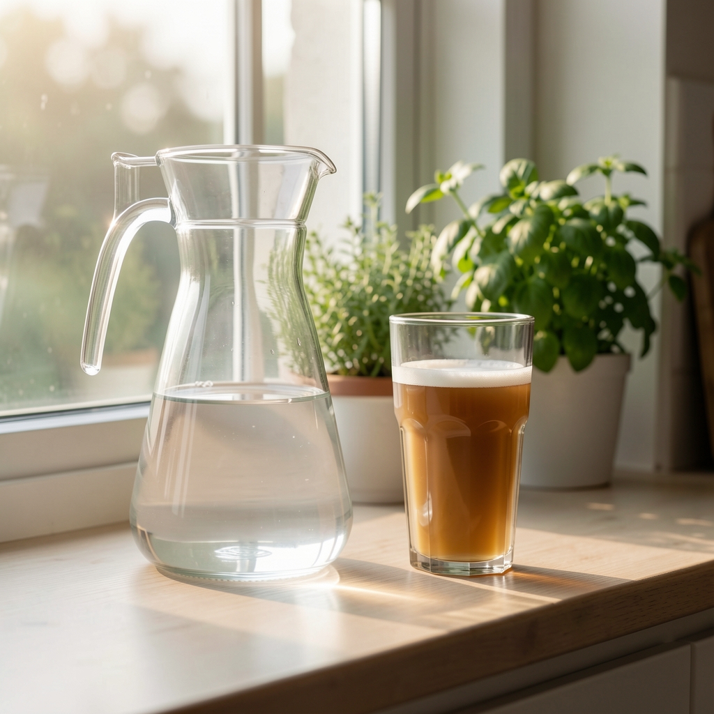 Glass water carafe and filled tumbler on a kitchen windowsill in early morning light, with fresh herbs visible in background
