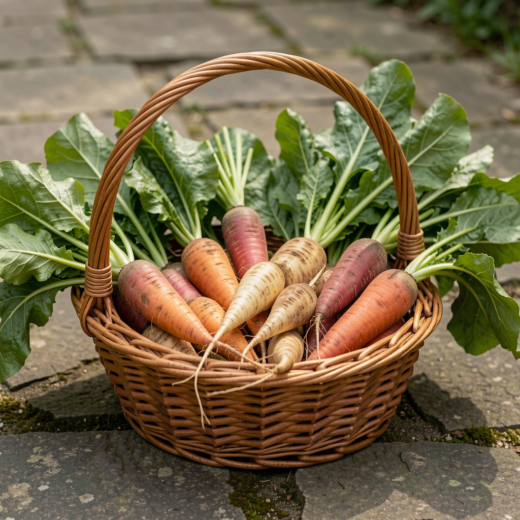 Freshly harvested seasonal root vegetables and leafy greens arranged in a wicker market basket on a stone surface