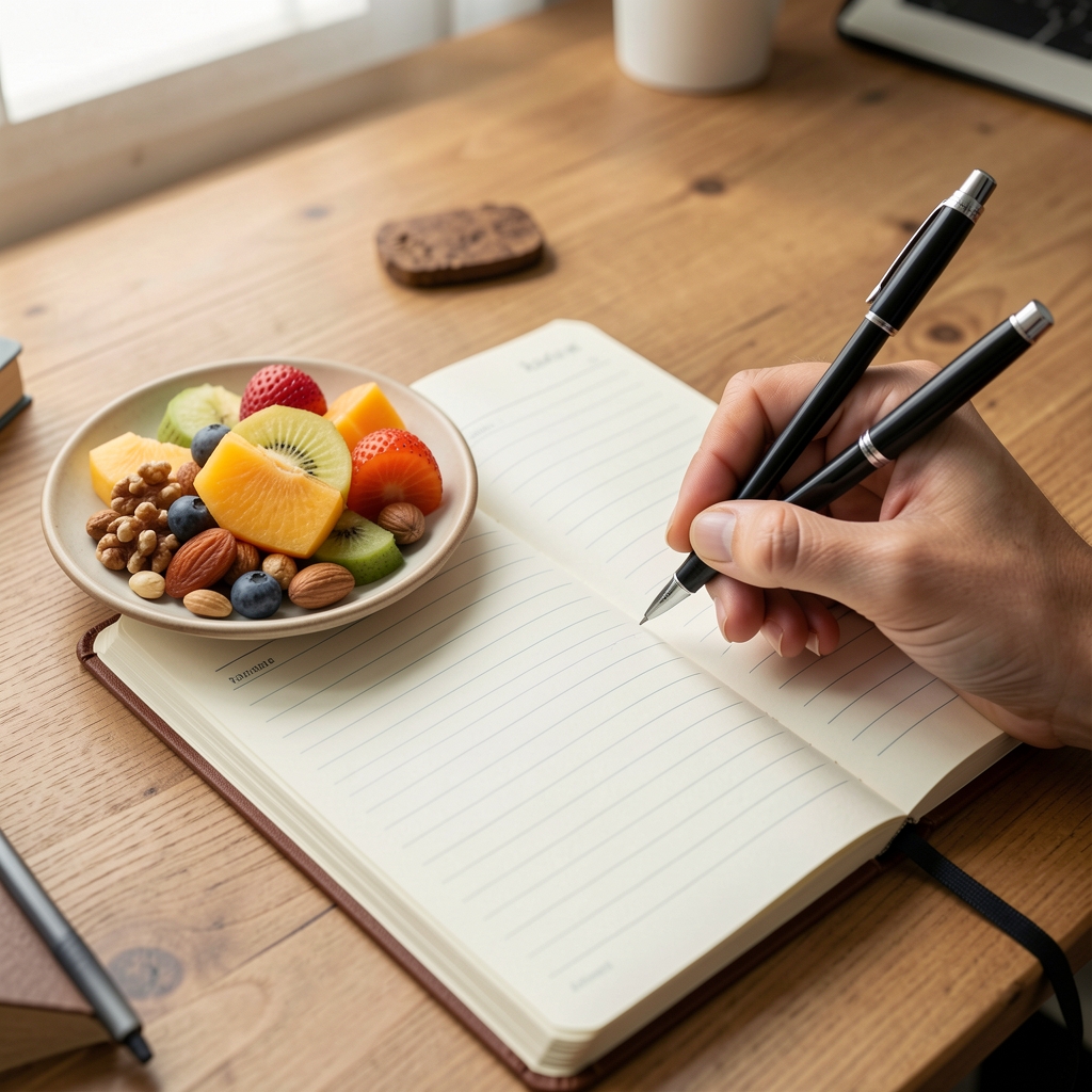 Close-up of a hand writing in a lined food journal notebook beside a small plate of fruit and nuts on a wooden desk surface in diffused natural light