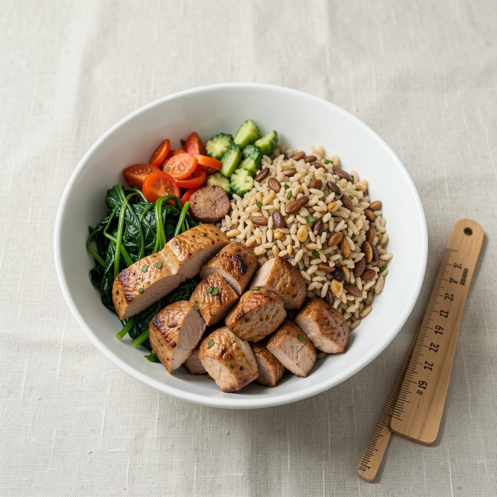 Neatly portioned balanced meal in a white ceramic bowl showing proteins, greens and grains with a measuring guide alongside on a pale linen surface