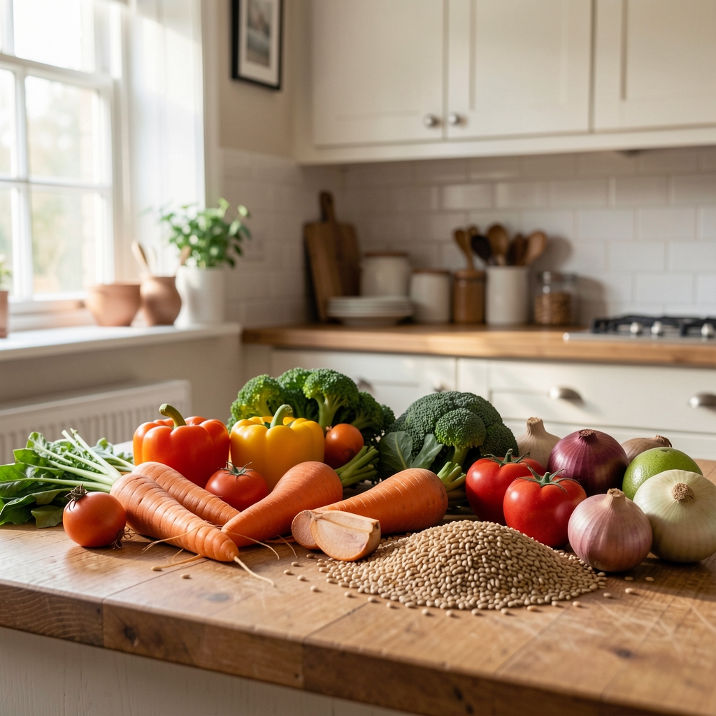 Seasonal vegetables and whole grains arranged on a wooden kitchen counter with natural morning light streaming through a window